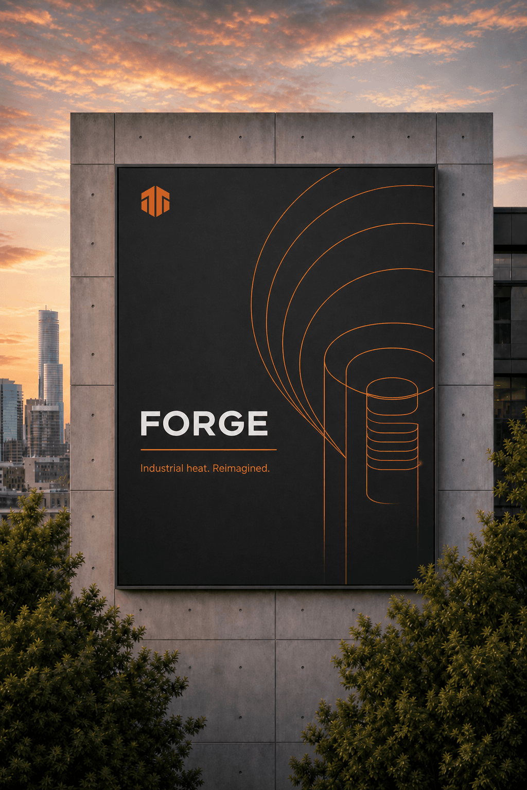 Forge billboard on a concrete building at dusk, with brand mark and heat line art